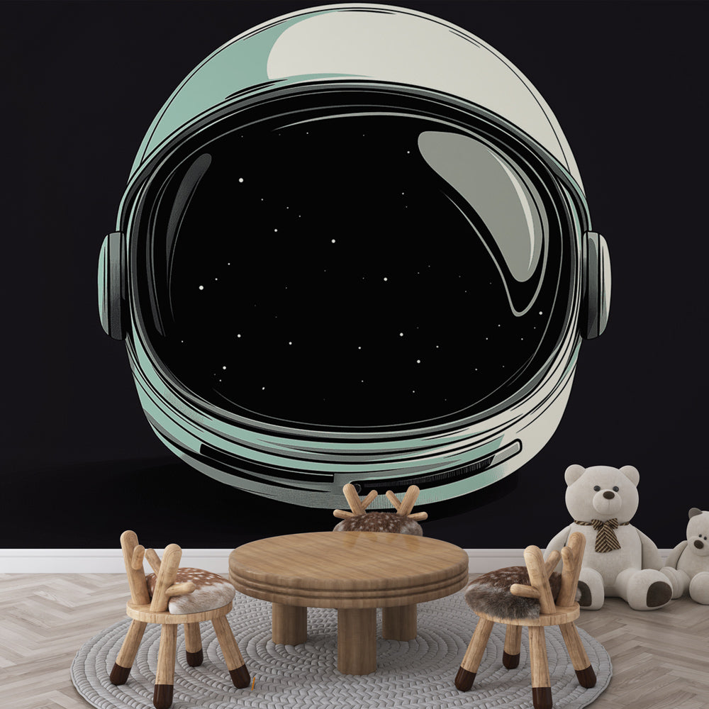Space helmet wallpaper creating cosmic vibes in modern teen bedroom with LED lighting and floating desk setup