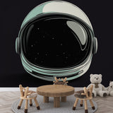 Space helmet wallpaper creating cosmic vibes in modern teen bedroom with LED lighting and floating desk setup