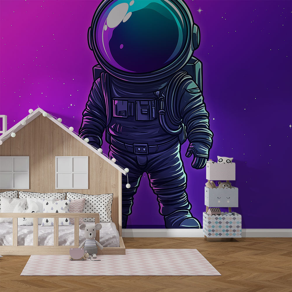 Space mural wallpaper with astronaut design shown in modern kids bedroom, creating an imaginative cosmic atmosphere