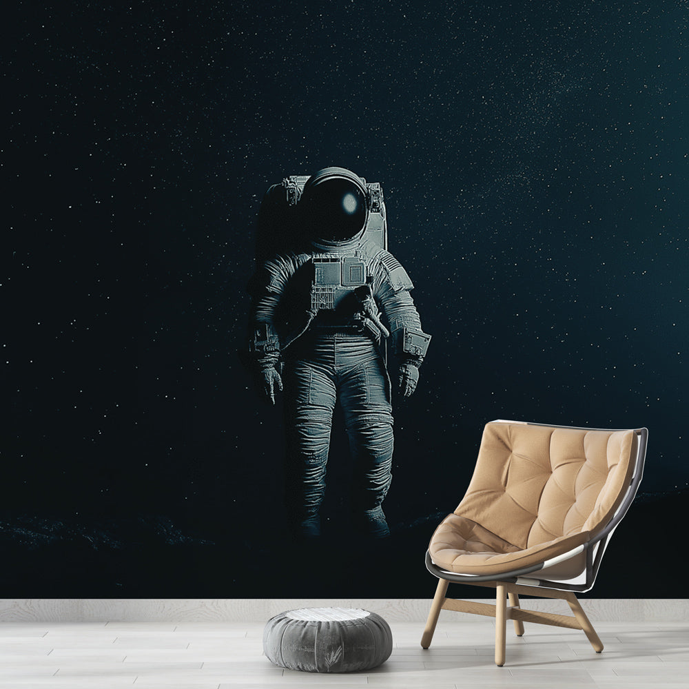 Space themed wallpaper with floating astronaut shown in modern bedroom, creating a dreamy atmosphere with starlit background