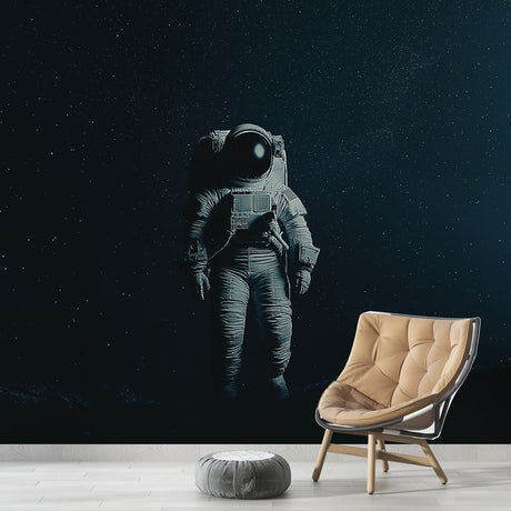 Space themed wallpaper with floating astronaut shown in modern bedroom, creating a dreamy atmosphere with starlit background