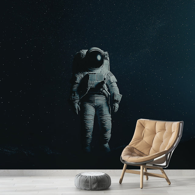 Space themed wallpaper with floating astronaut shown in modern bedroom, creating a dreamy atmosphere with starlit background