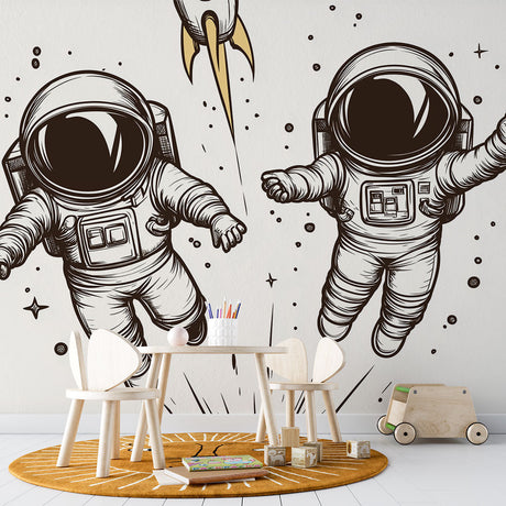 Modern Astronaut Line Art Wallpaper creating a striking focal point in a minimalist home office space