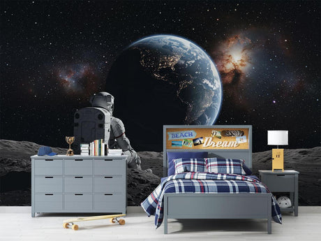 Space wallpaper in modern bedroom showing astronaut and Earth view, creating an immersive cosmic atmosphere