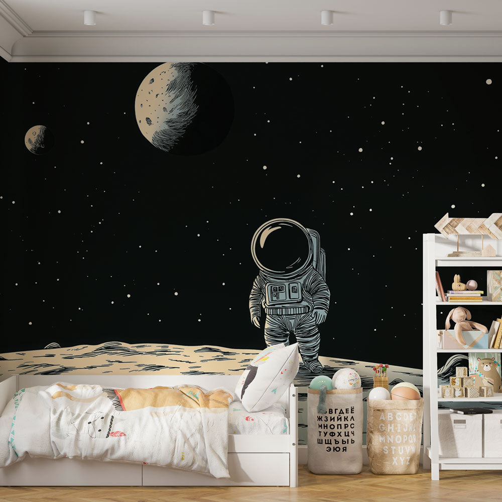 Space Mural Wallpaper with astronaut design shown in modern kids bedroom, creating an inspiring atmosphere for young dreamers