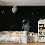 Space Mural Wallpaper with astronaut design shown in modern kids bedroom, creating an inspiring atmosphere for young dreamers