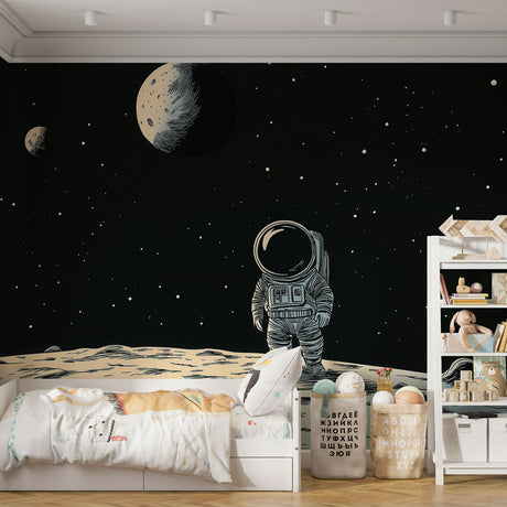 Space Mural Wallpaper with astronaut design shown in modern kids bedroom, creating an inspiring atmosphere for young dreamers
