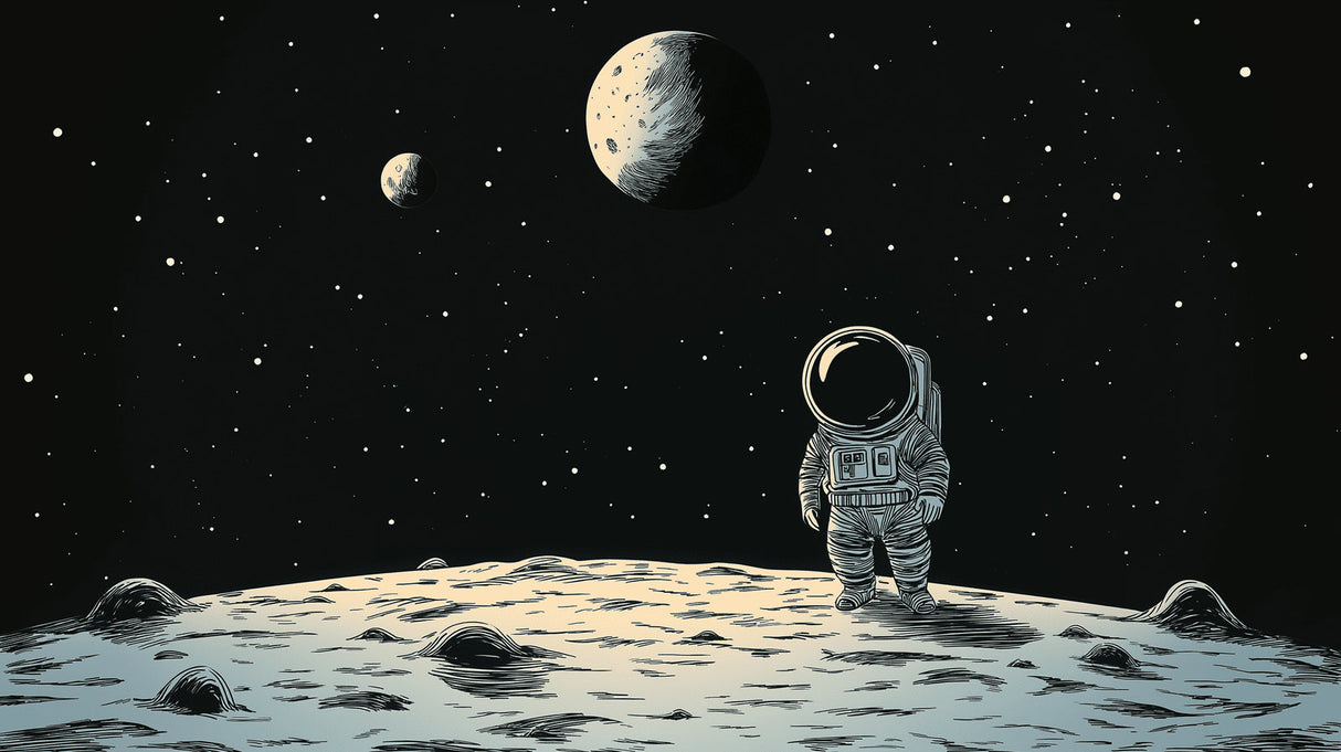 Moon landing wallpaper design file showing detailed astronaut illustration with lunar surface and starry background