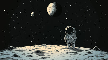 Moon landing wallpaper design file showing detailed astronaut illustration with lunar surface and starry background