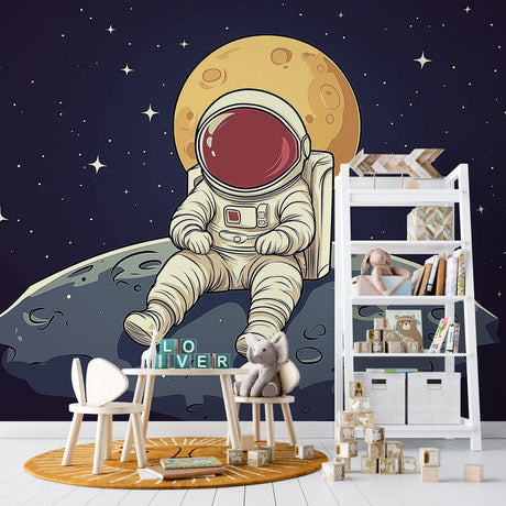 Space Mural Wallpaper featuring astronaut on moon surface, shown in modern children's bedroom with blue accent lighting