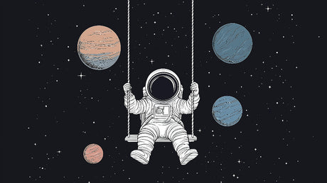 Space exploration wallpaper design file showing detailed astronaut on swing surrounded by planets and stars
