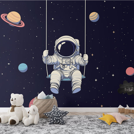 Space wallpaper with swinging astronaut creating a magical atmosphere in a modern kids bedroom with soft lighting