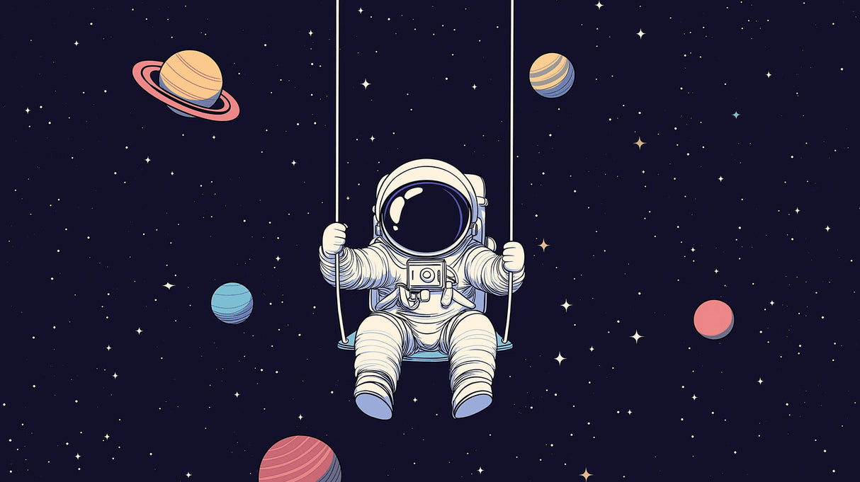 Space mural wallpaper design file showing detailed astronaut on swing among colorful planets and stars