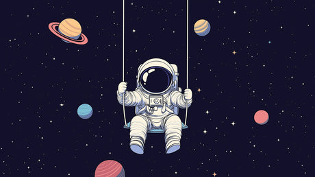Space mural wallpaper design file showing detailed astronaut on swing among colorful planets and stars