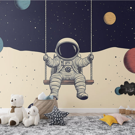 Space themed wallpaper with swinging astronaut shown in a modern kids bedroom, creating a magical atmosphere with floating planets
