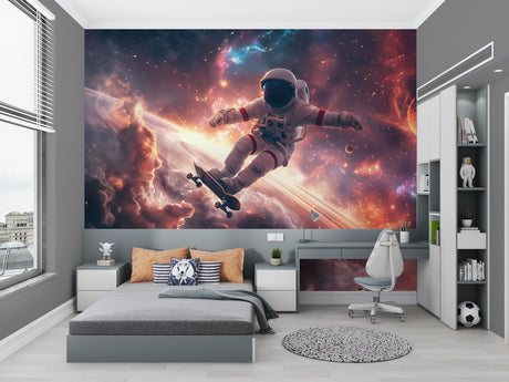 Space mural wallpaper in modern kids bedroom showing astronaut skateboarding through stars