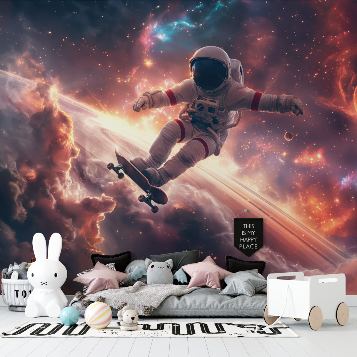 Playroom featuring cosmic skateboarding astronaut wallpaper with colorful galaxy background