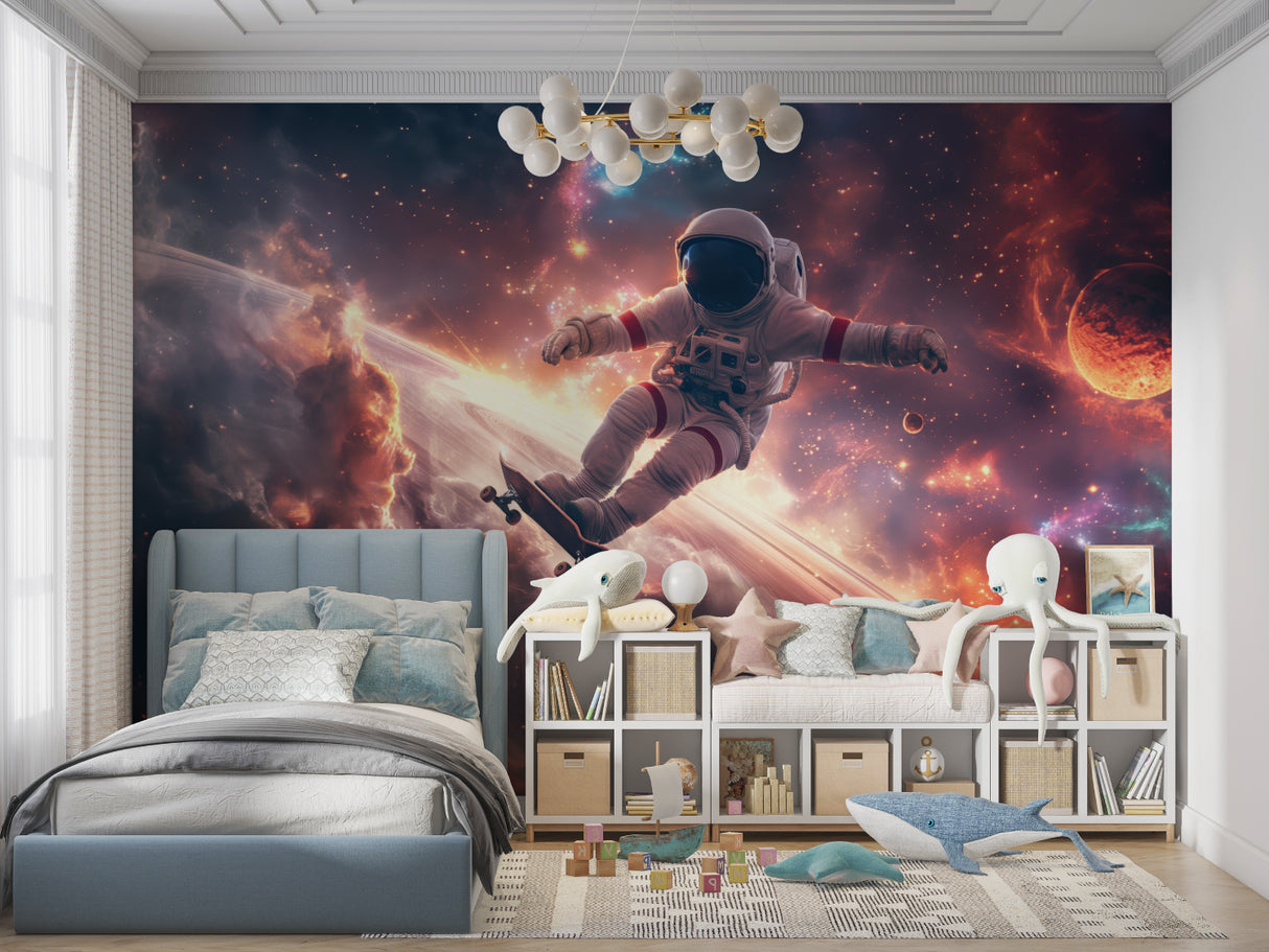 Teen bedroom with space adventure mural showing skateboarding astronaut in vibrant nebula