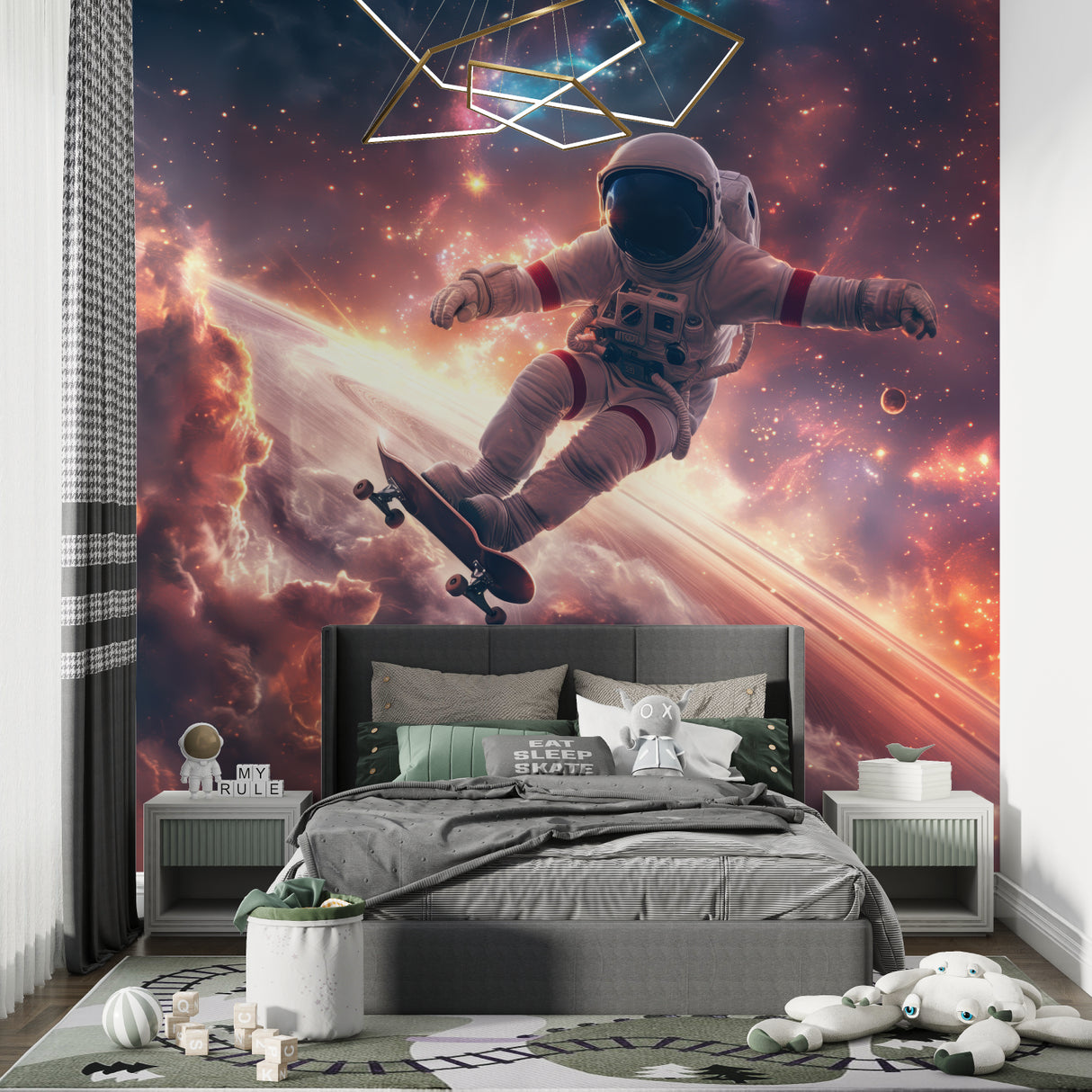 Study area with cosmic skateboarding astronaut wall mural inspiring creativity