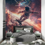 Study area with cosmic skateboarding astronaut wall mural inspiring creativity