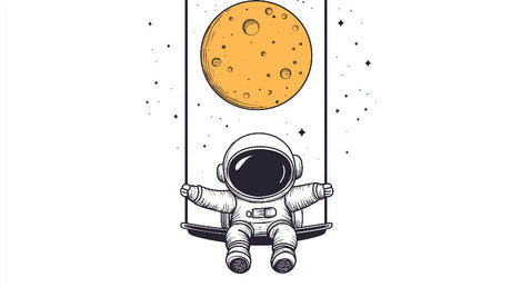 Astronaut swing under moon wallpaper design file showing crisp black and white illustration with orange moon