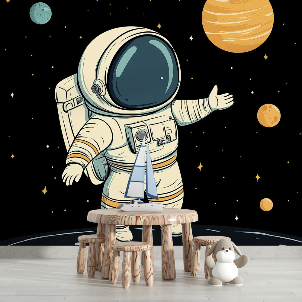 Space exploration wallpaper in modern kids bedroom showing floating astronaut and planets, perfect for inspiring young minds