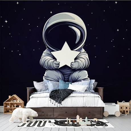 Space exploration wallpaper with astronaut design shown in a cozy kids bedroom with soft lighting and modern furniture