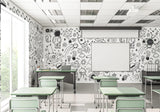Space wallpaper in modern kids bedroom showing black and white astronomy doodles