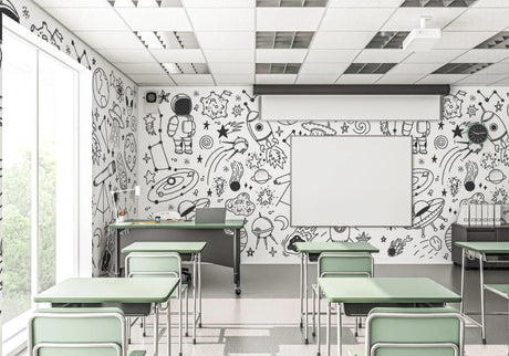 Space wallpaper in modern kids bedroom showing black and white astronomy doodles
