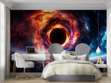 Space black hole wallpaper creating depth in modern living room with dramatic lighting