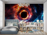 Cosmic black hole mural in teen bedroom showing fiery orange swirls