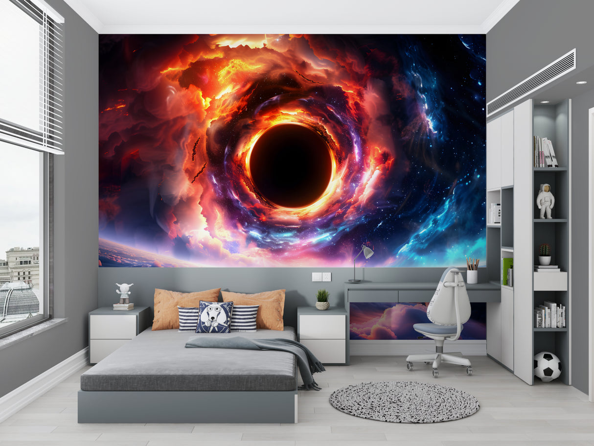 Black hole wall mural in home office with modern furniture