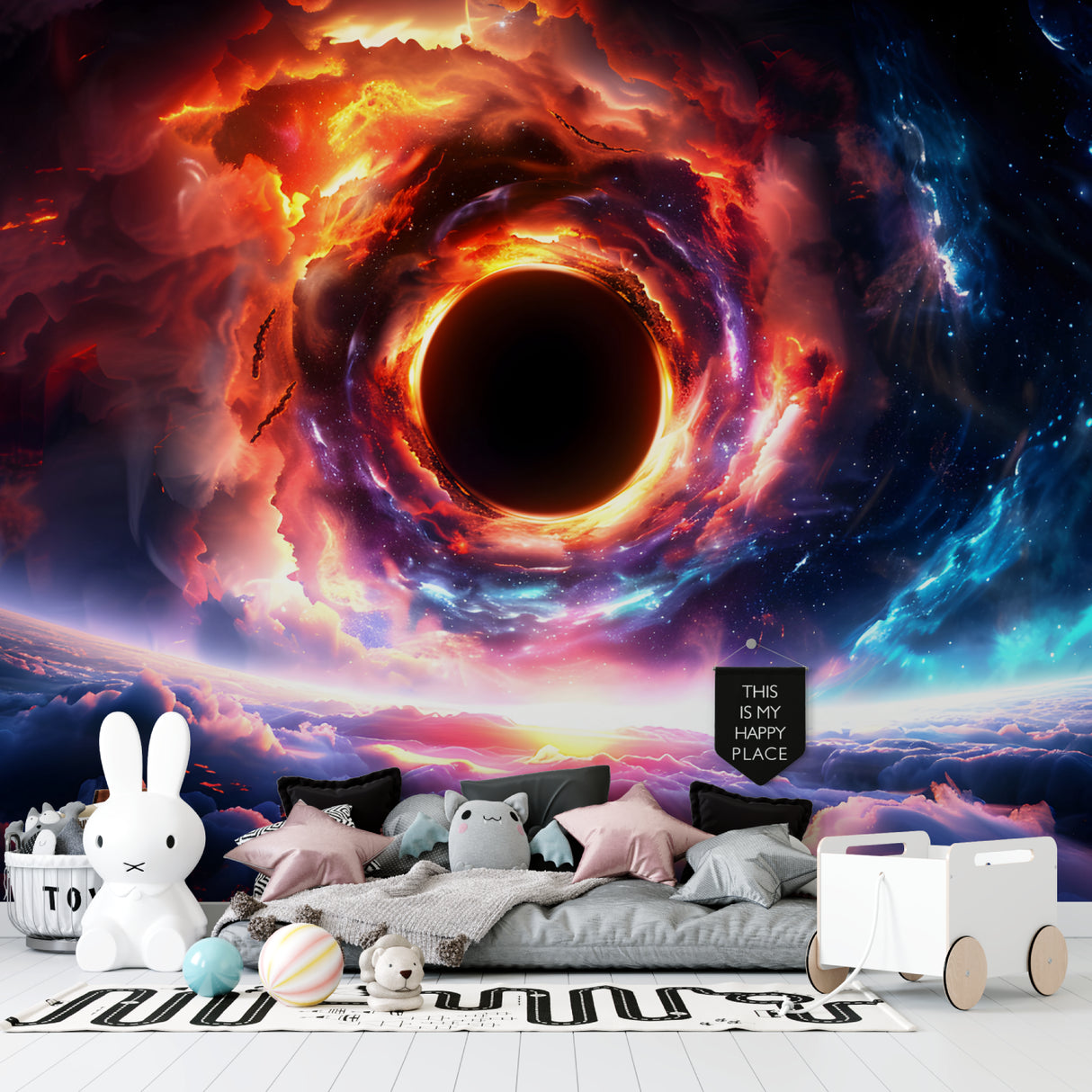 Space theme wallpaper installation in media room showing cosmic effects