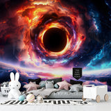 Space theme wallpaper installation in media room showing cosmic effects