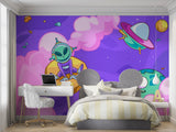 Playful alien wallpaper displayed in cozy nursery setting with fun space theme decor