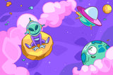 Design file showing full pattern of cartoon aliens and UFOs in space adventure theme