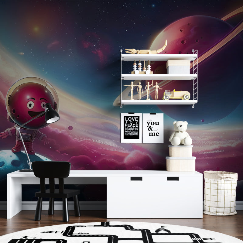 Space themed wallpaper bringing cosmic adventure to a modern kids bedroom with floating astronaut and planets