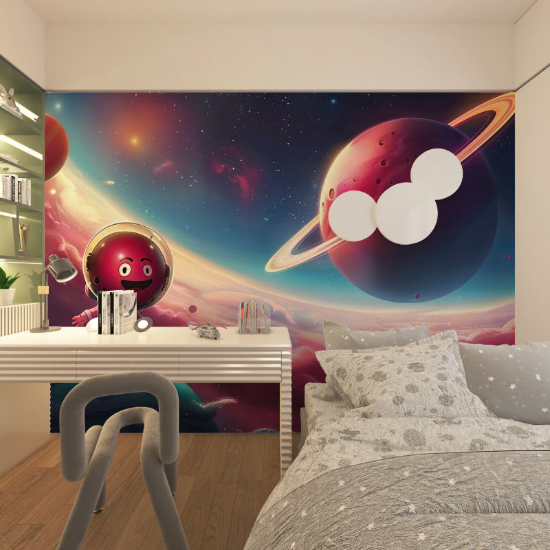 Playroom transformed with galaxy wallpaper showing cartoon astronaut exploring space