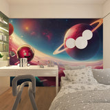 Playroom transformed with galaxy wallpaper showing cartoon astronaut exploring space