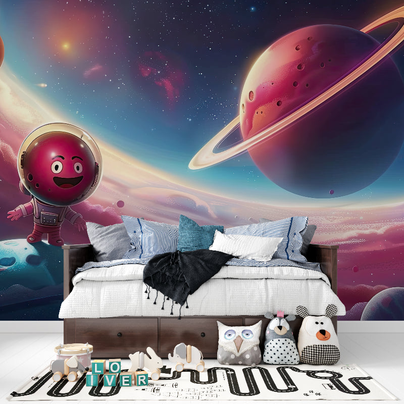 Space mural wallpaper creating magical atmosphere in nursery with stars and planets