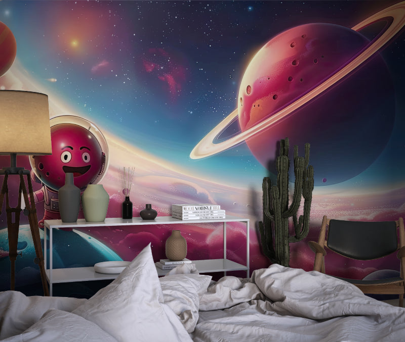 Kids study corner featuring astronaut wallpaper with educational cosmic elements