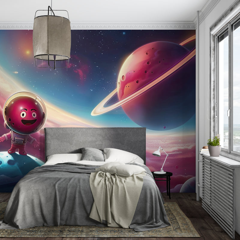 Reading nook with space themed wall mural showing friendly astronaut character
