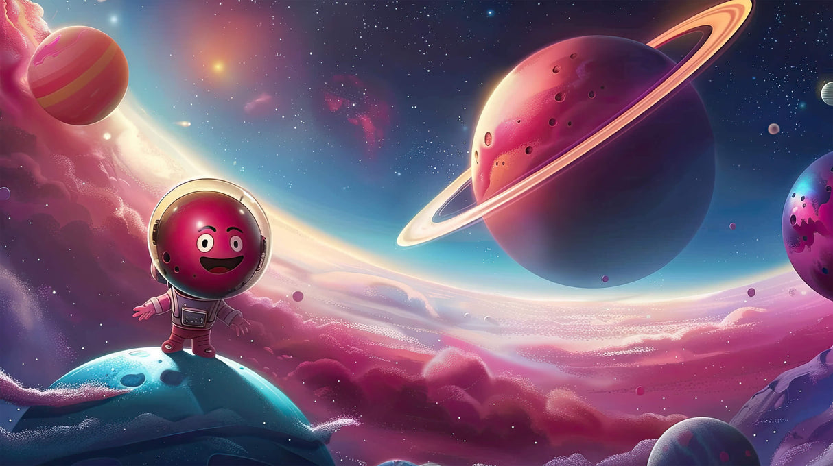 Design file of cartoon astronaut galaxy wallpaper pattern with vibrant colors and playful space elements