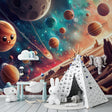 Space galaxy wallpaper bringing life to a modern kids bedroom, with cute cartoon planets creating a playful atmosphere