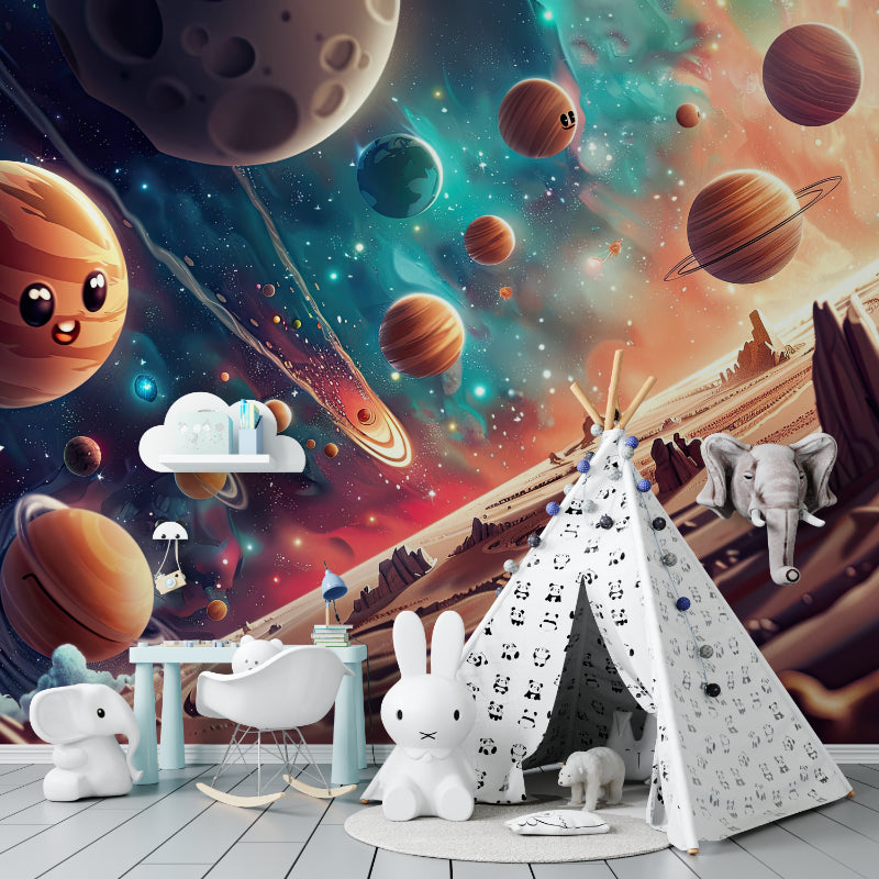 Space galaxy wallpaper bringing life to a modern kids bedroom, with cute cartoon planets creating a playful atmosphere