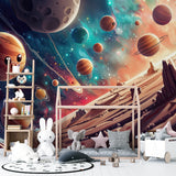 Playroom decorated with space galaxy mural, showing how the cartoon planets design adds fun to learning spaces