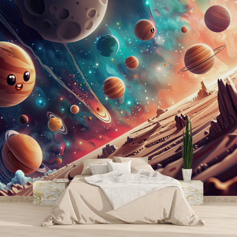 Nursery featuring galaxy planets wallpaper, creating a soft and dreamy cosmic environment