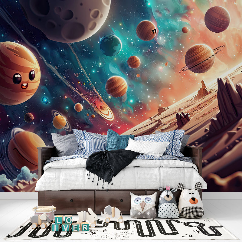 Kids study corner with space mural wallpaper, showing how the design inspires creativity
