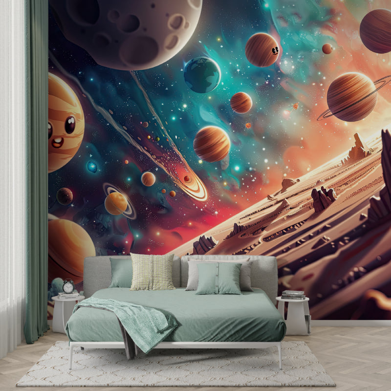 Reading nook with galaxy universe wallpaper, demonstrating the mural's cozy appeal