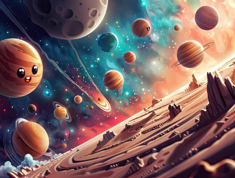 Design file of cartoon space galaxy wallpaper showing vibrant planets and stars pattern